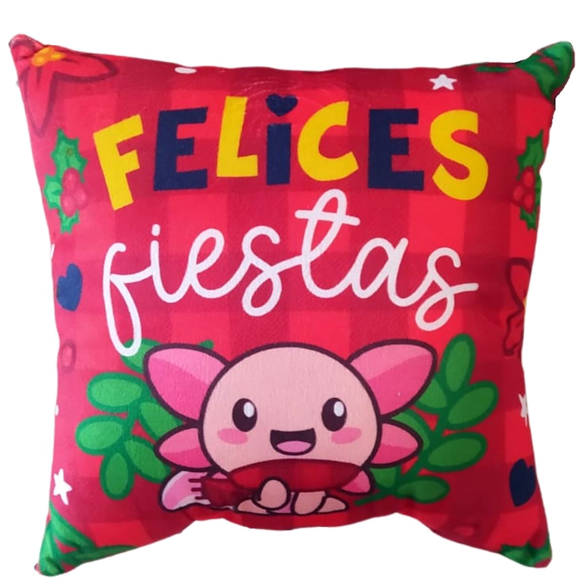 Cojín Decorativo Ajolote Felices Fiestas 36cm Axolotl Regalo Navidad Sirenas