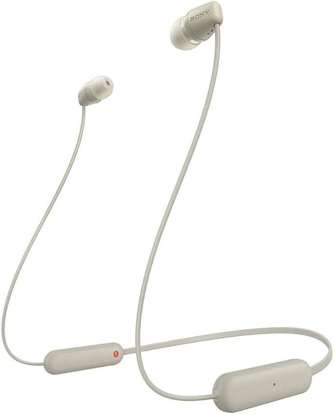 Sony WI-C100 - Audífonos inalámbricos intraauriculares con Banda para el Cuello y micrófono para Llamadas con Manos Libres, Beige