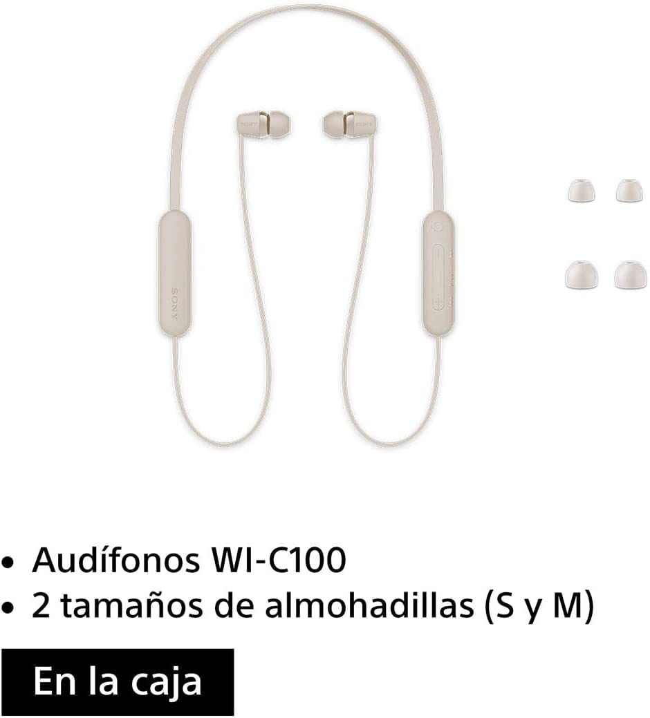 Sony WI-C100 - Audífonos inalámbricos intraauriculares con Banda para el Cuello y micrófono para Llamadas con Manos Libres, Beige