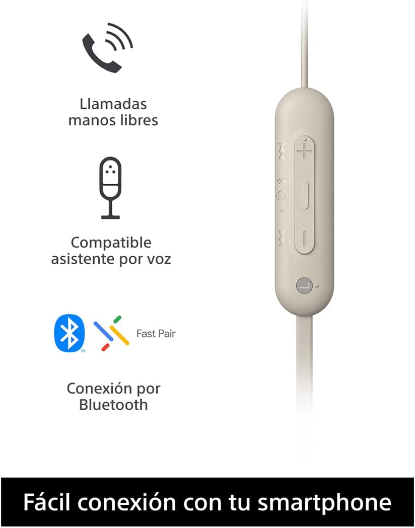 Sony WI-C100 - Audífonos inalámbricos intraauriculares con Banda para el Cuello y micrófono para Llamadas con Manos Libres, Beige