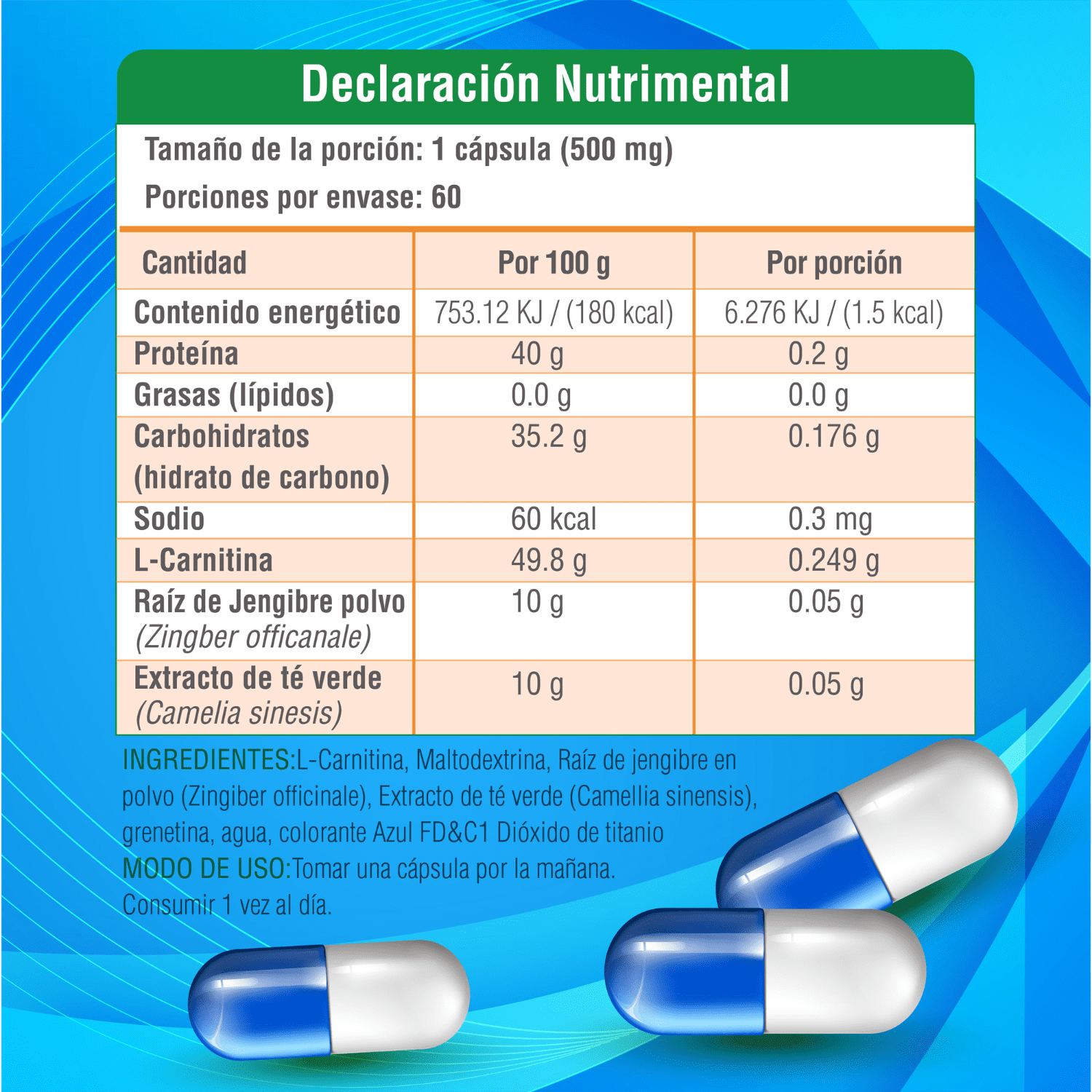Nutrasien100 L carnitina cápsulas con jengibre y té verde. Termogénico. Pre entreno. Keto. Apto para hombres y mujeres. 60 cápsulas=60 días.