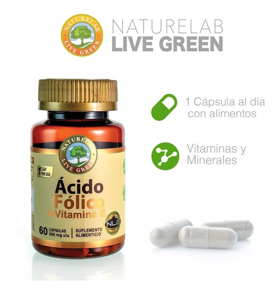 Ácido Fólico y Vitamina E Suplemento Alimenticio 60 cápsulas NATURELAB sin sabor