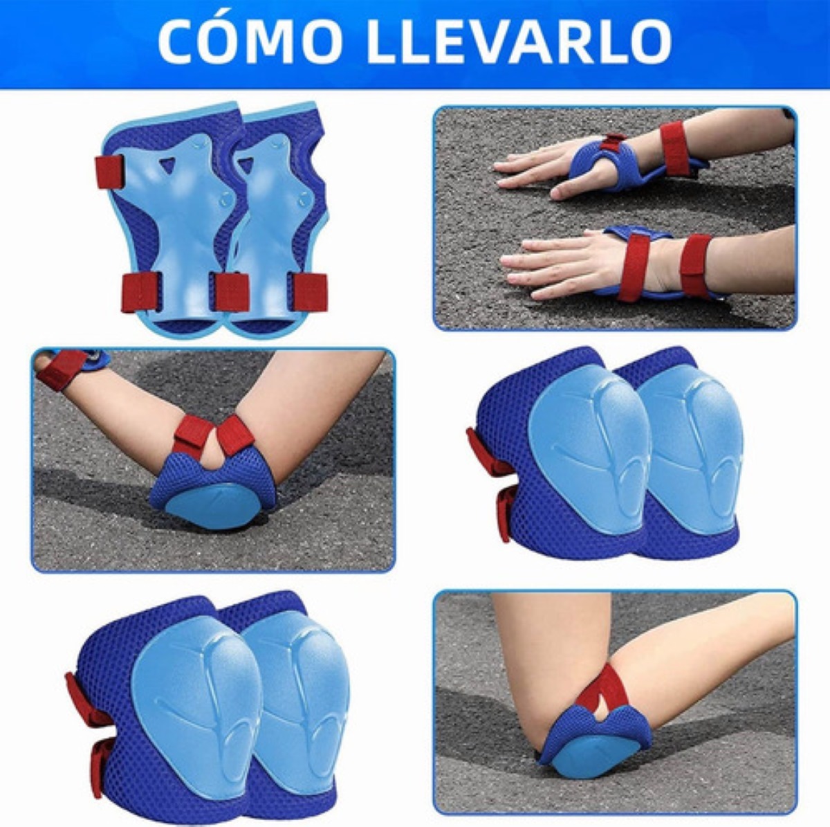 Kit De Protección Coderas De Rodilla Muñeca Ajustable 3-9 años Azul