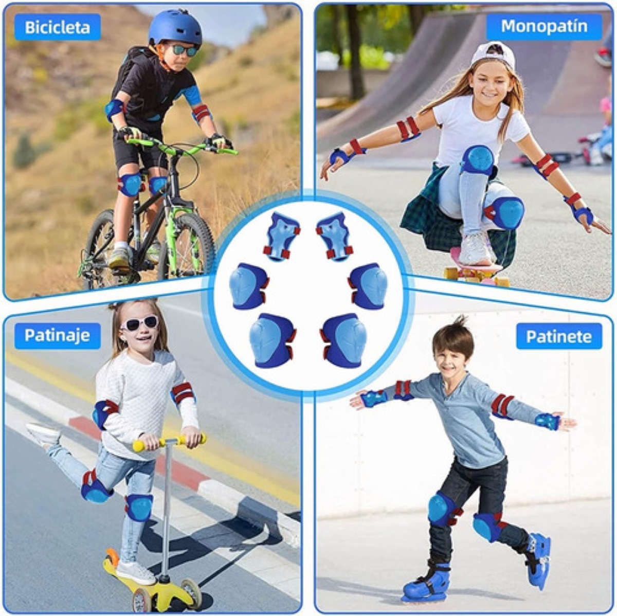 Kit De Protección Coderas De Rodilla Muñeca Ajustable 3-9 años Azul