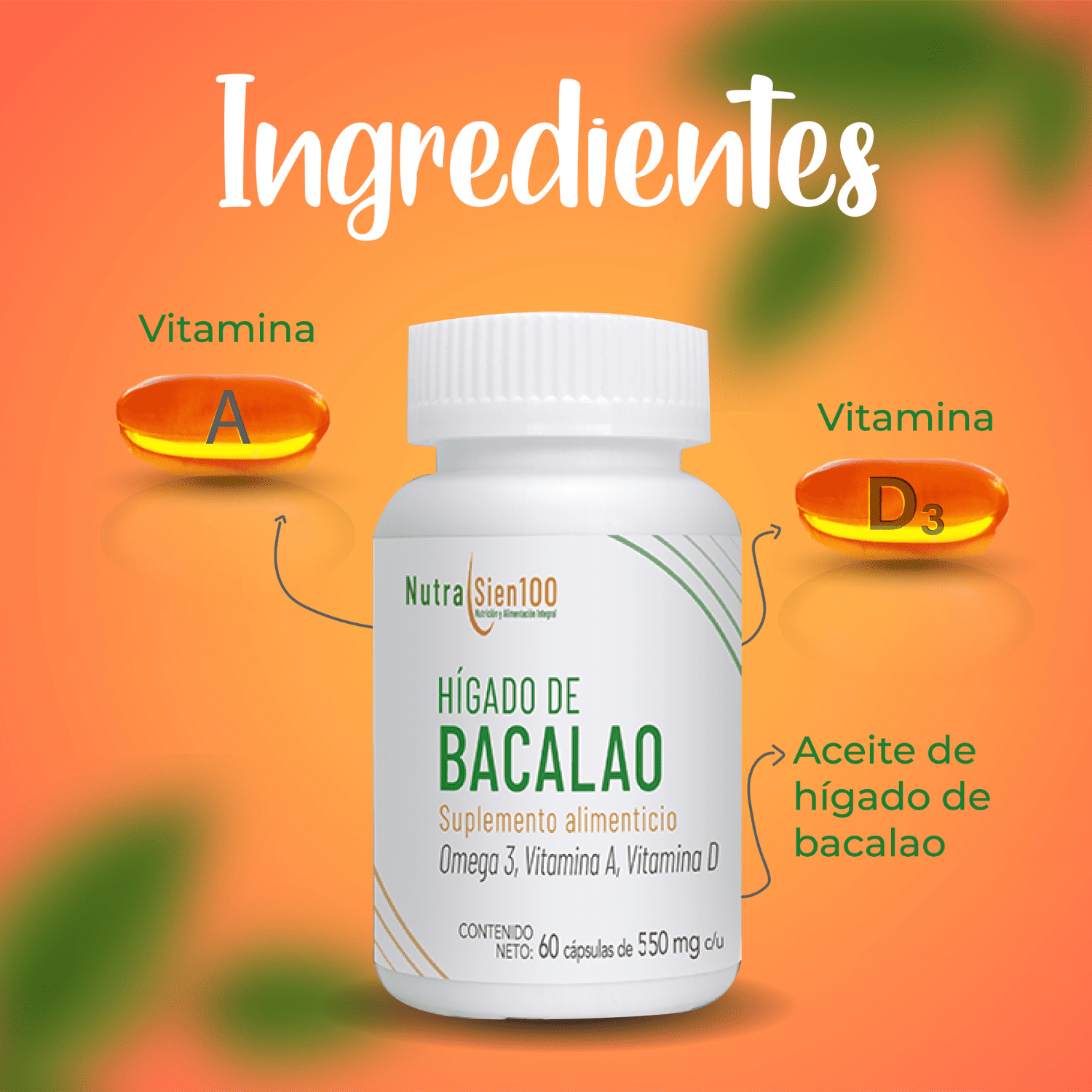 Nutrasien100 Aceite de Hígado de Bacalao en cápsulas con Vitamina A y D3 Suplemento 60 caps / 60 días