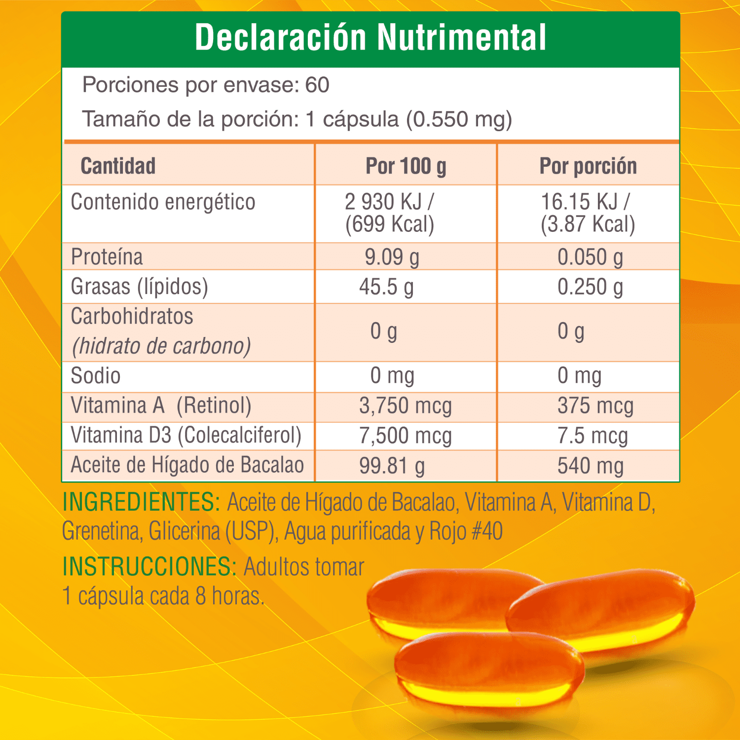 Nutrasien100 Aceite de Hígado de Bacalao en cápsulas con Vitamina A y D3 Suplemento 60 caps / 60 días