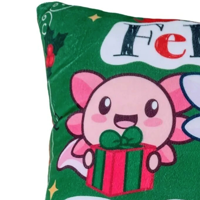 Cojín Decorativo Ajolote Feliz Navidad Verde 36cm Axolotl Regalo Sirenas Navideño
