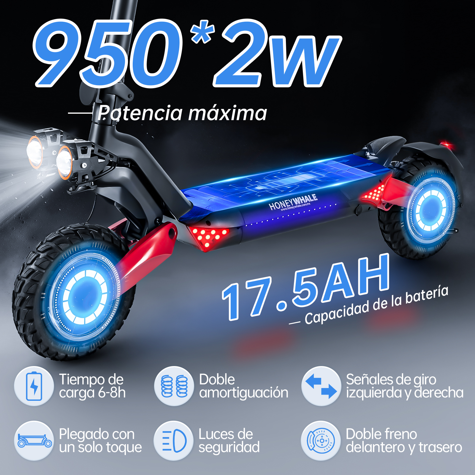 Scooter Eléctrico Honey Whale T8-B Rojo.