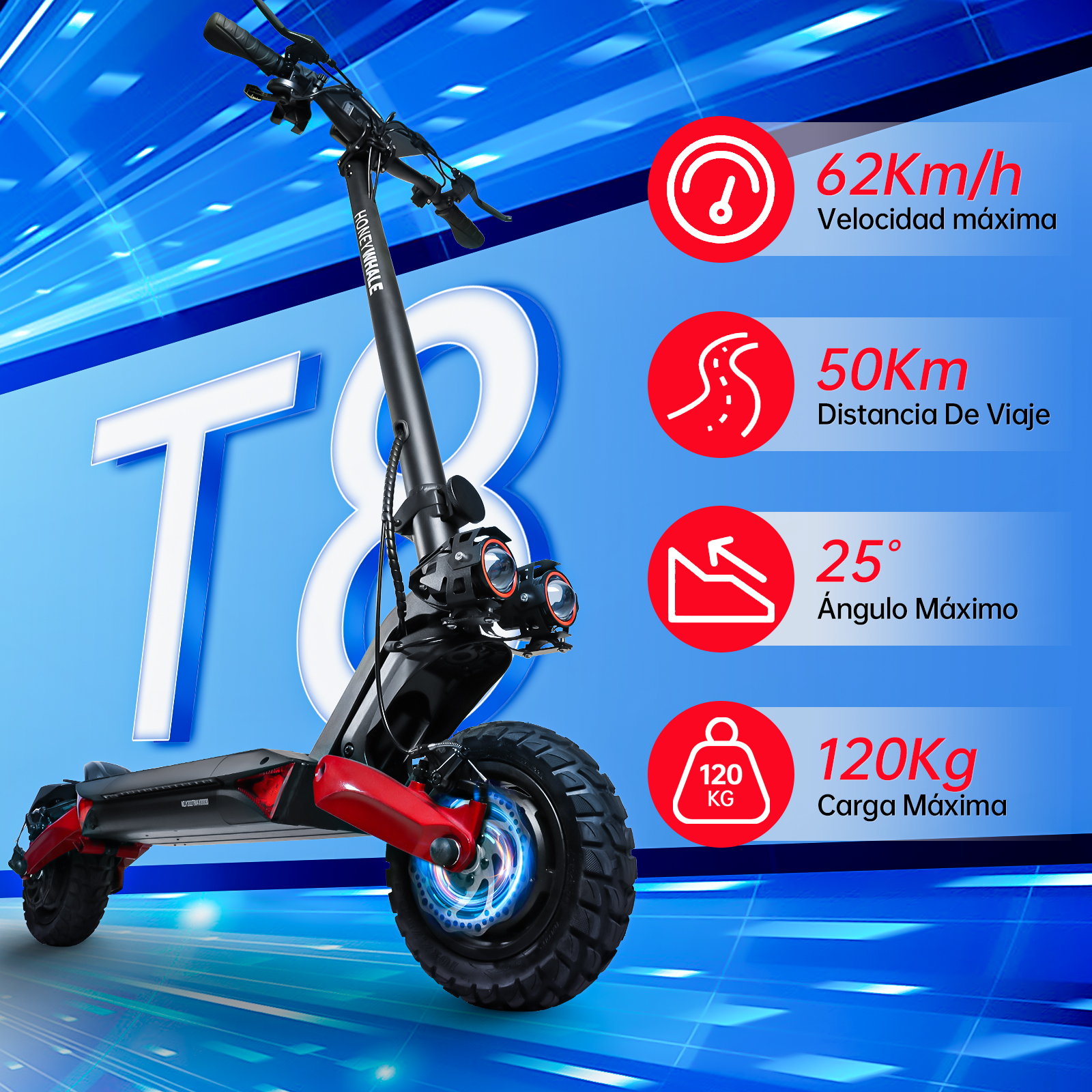 Scooter Eléctrico Honey Whale T8-B Rojo.