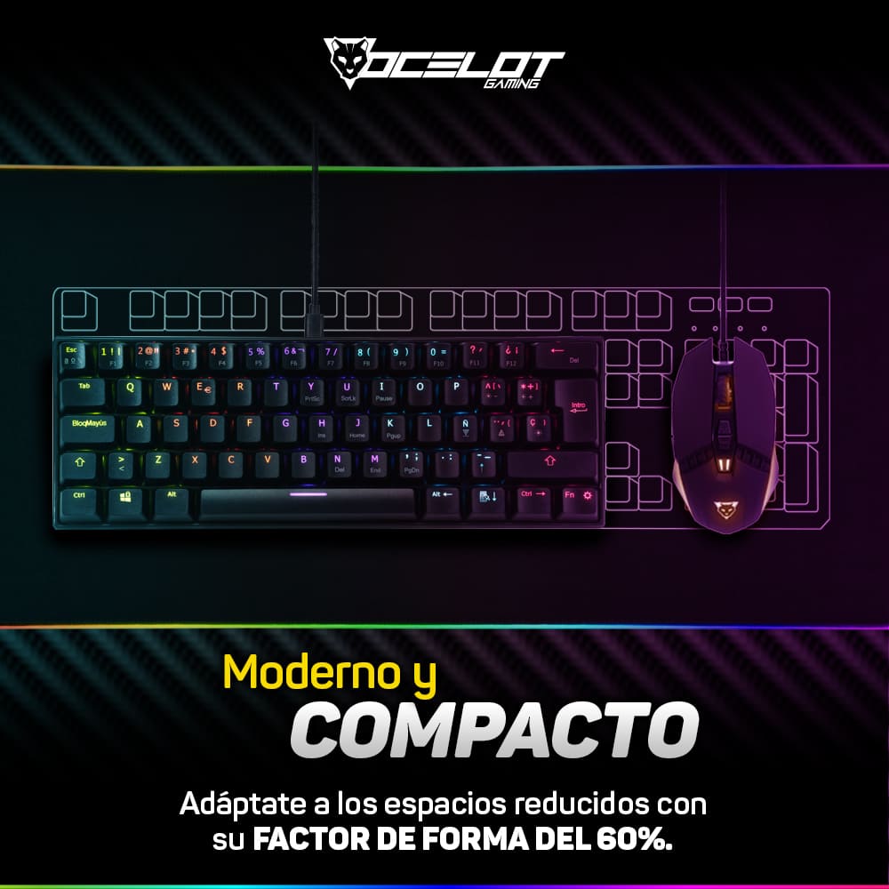 Teclado Mecánico, Ocelot Gaming OGMK03, USB, RGB, 60%, Negro.