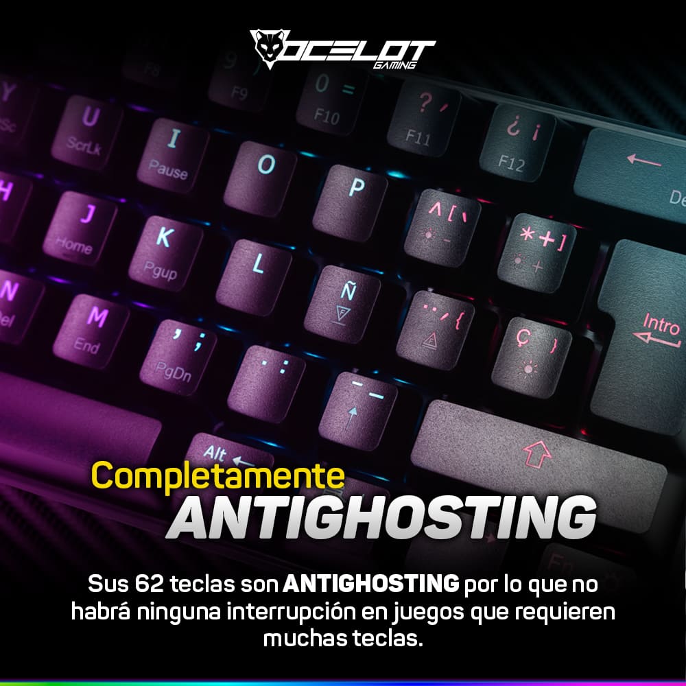 Teclado Mecánico, Ocelot Gaming OGMK03, USB, RGB, 60%, Negro.