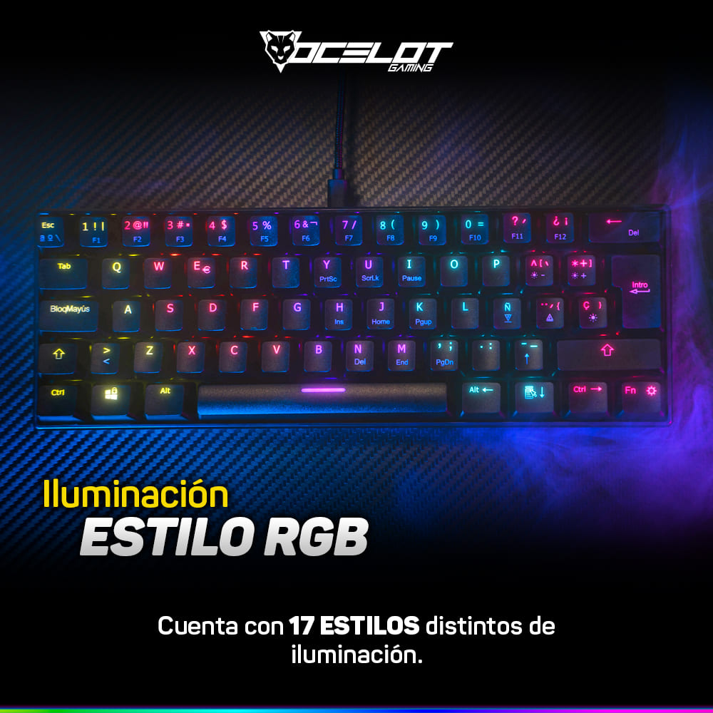 Teclado Mecánico, Ocelot Gaming OGMK03, USB, RGB, 60%, Negro.
