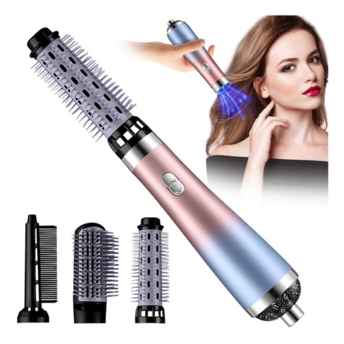 Cepillo Secador Peine Rizador 3 en 1 Rosa con Azul