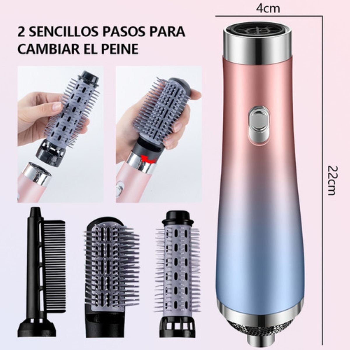Cepillo Secador Peine Rizador 3 en 1 Rosa con Azul