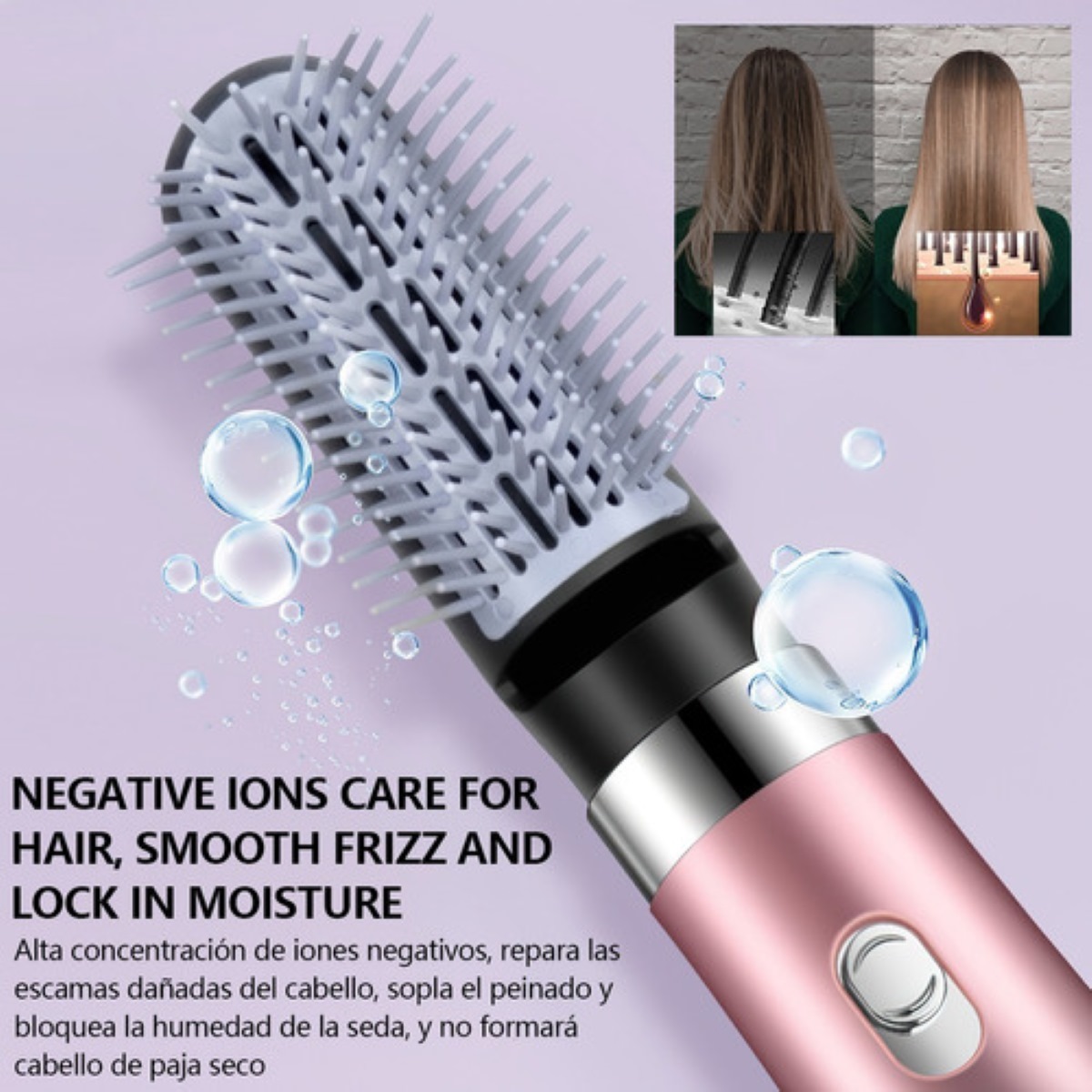 Cepillo Secador Peine Rizador 3 en 1 Rosa con Azul