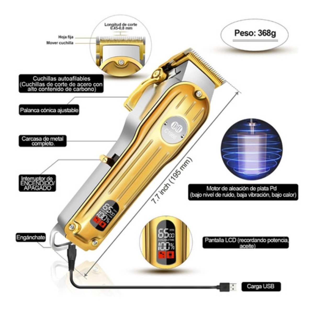 Maquina Para Cortar Cabello de 6 Peines Dorado con Plata