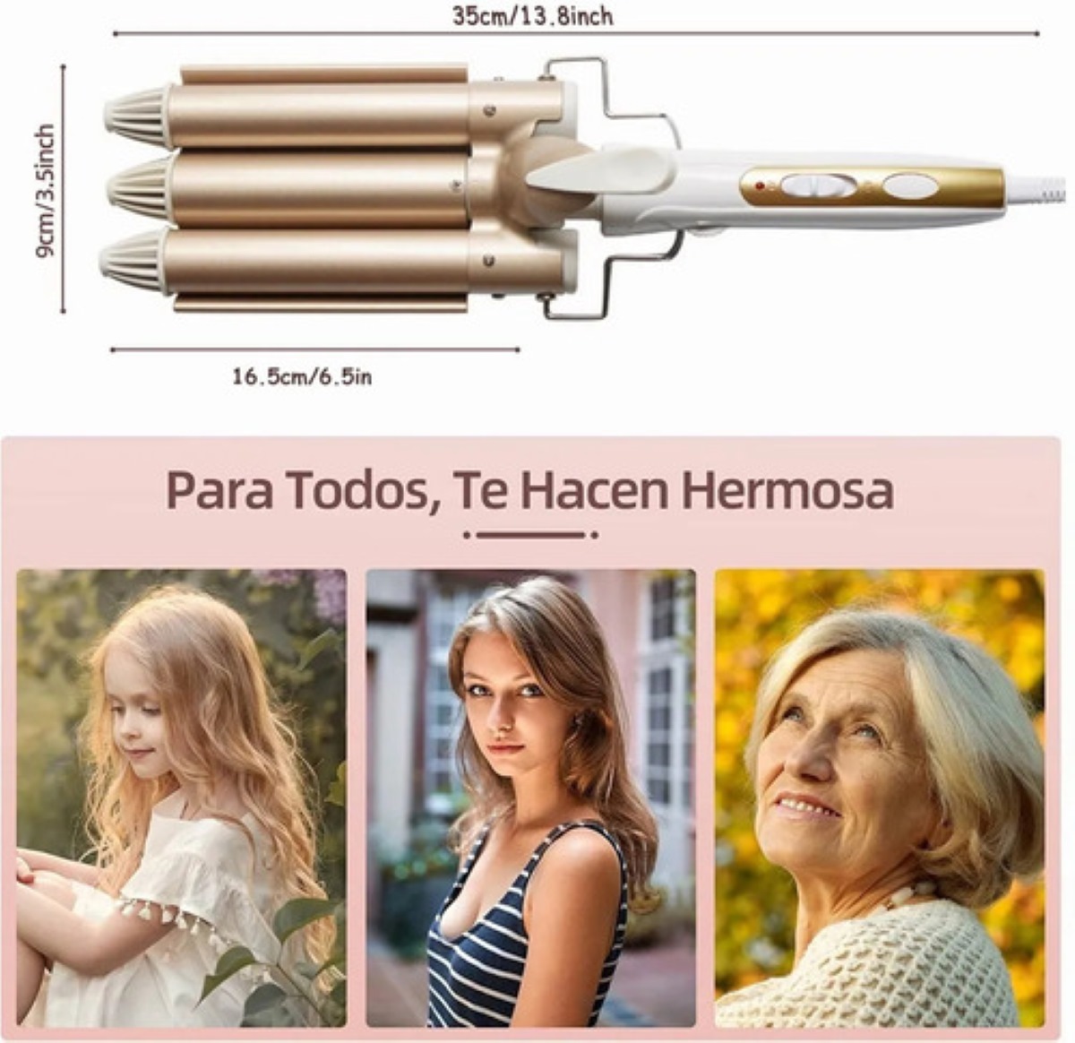 Rizadora De Cabello 3 Tubos de Cerámica 22mm Blanca Dorada