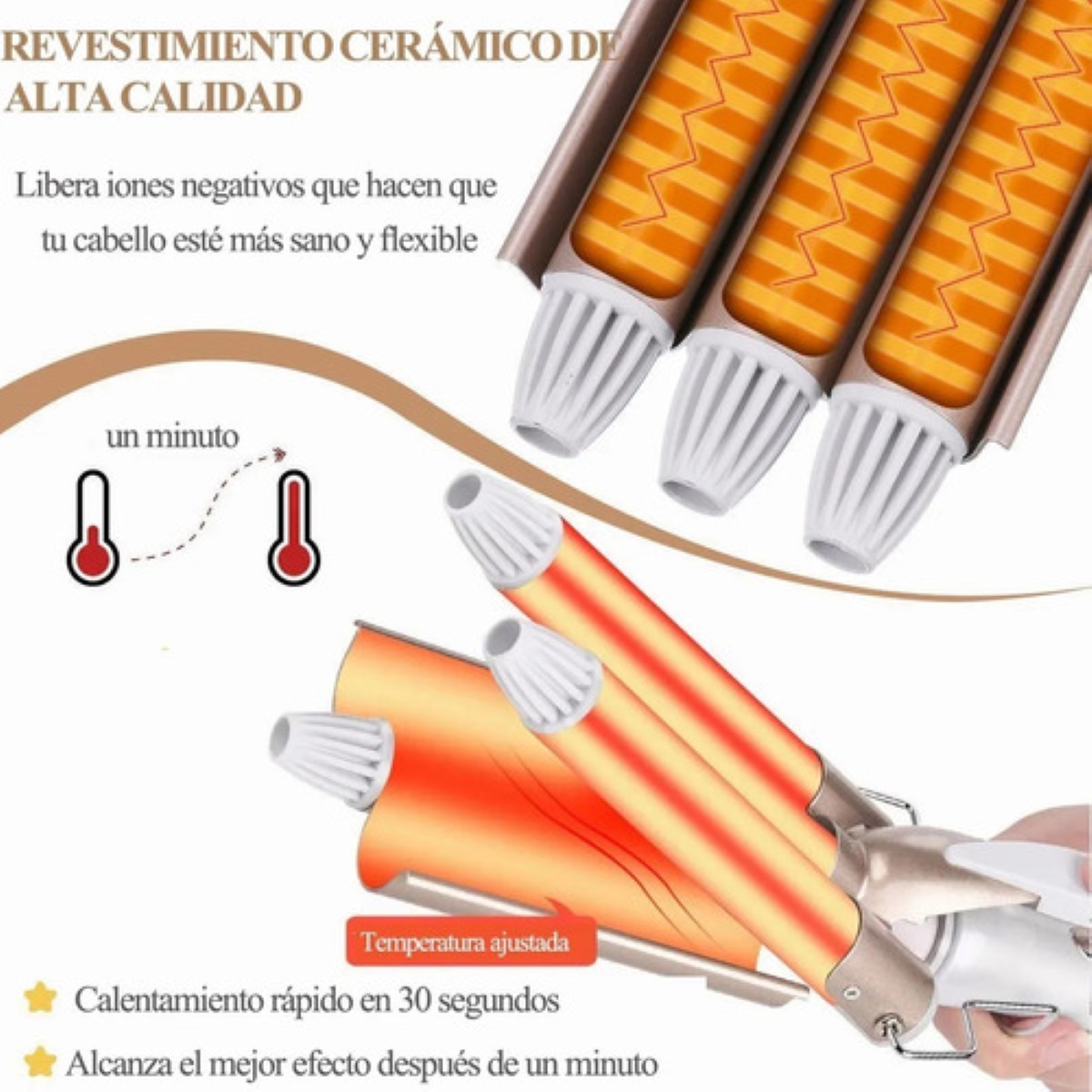 Rizadora De Cabello 3 Tubos de Cerámica 22mm Blanca Dorada