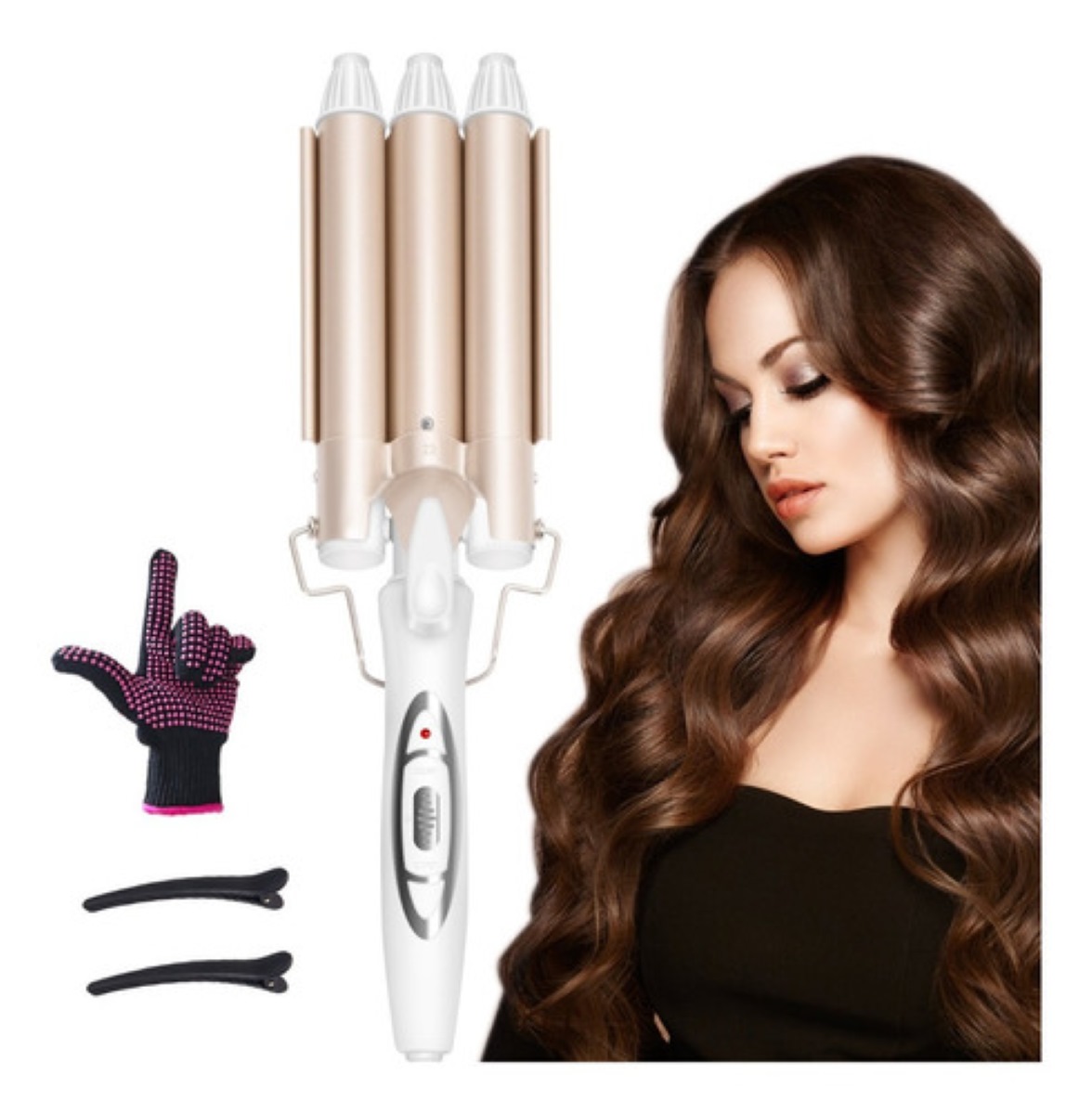 Rizadora De Cabello 3 Tubos de Cerámica 22mm Blanca Dorada