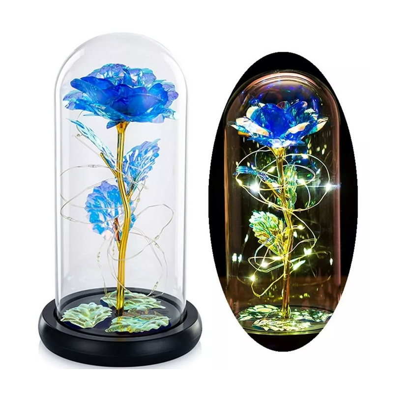 Flor Rosa Azul Eterna Led Luz Vidrio Botella Ideal Para Regalo Amor