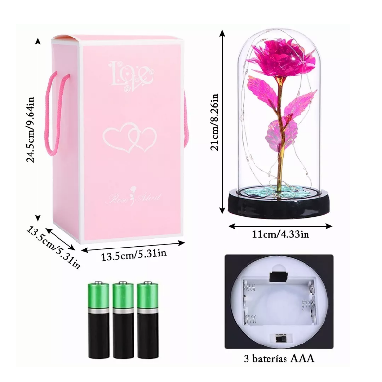 Flor Rosa Eterna Led Luz Vidrio Botella Ideal Para Regalo Amor