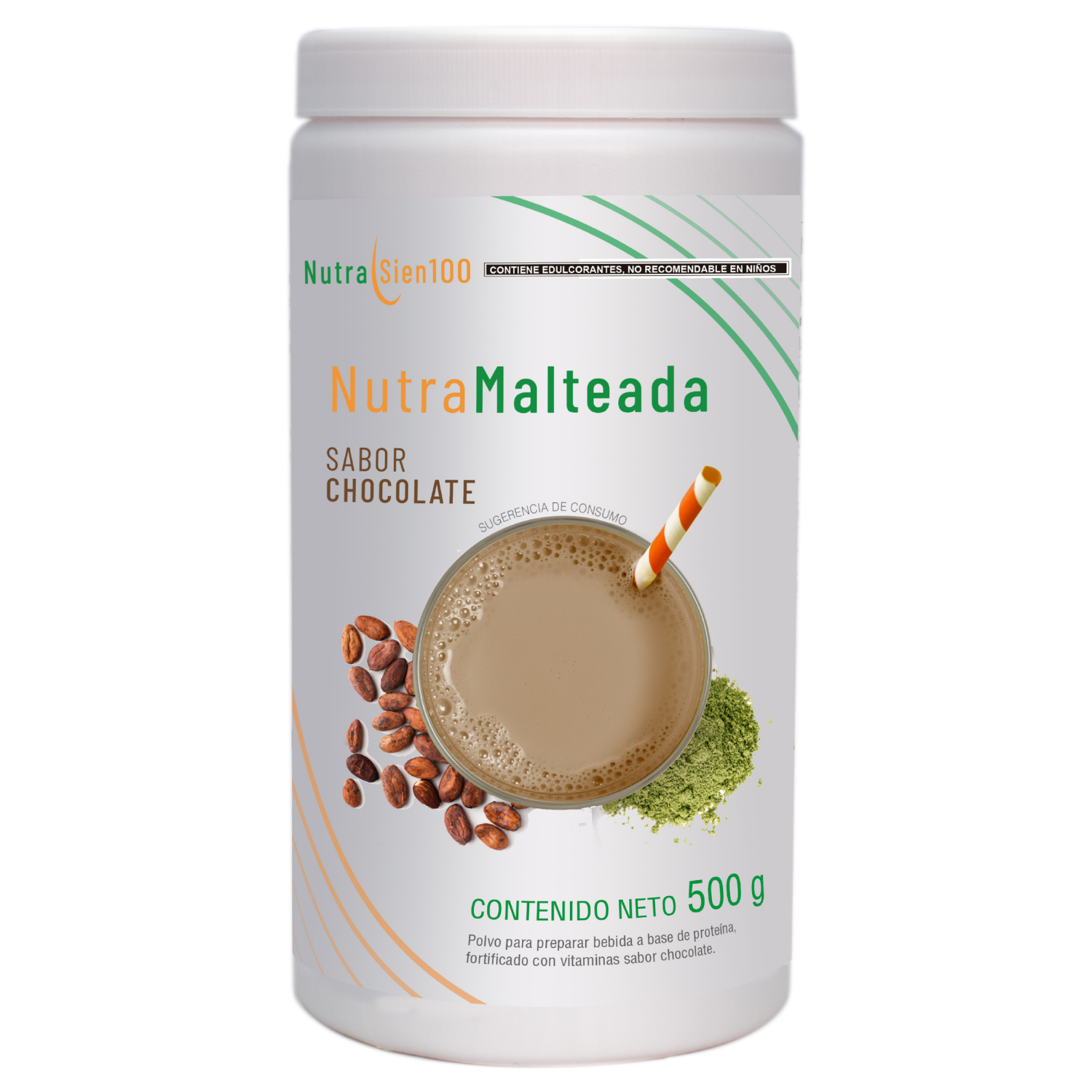 Nutrasien100 Malteada de proteína sabor Chocolate. Sin grasa Sin azúcar. 15 g proteína 500g 17 porciones. Nutramalteada