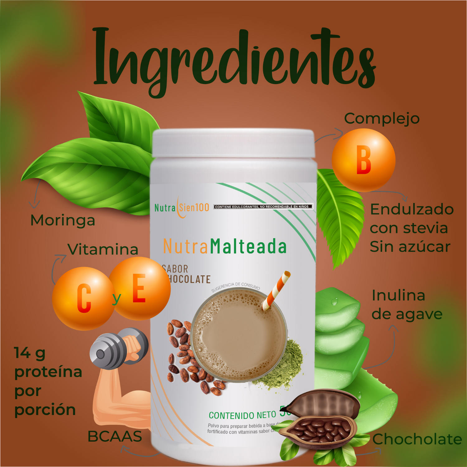 Nutrasien100 Malteada de proteína sabor Chocolate. Sin grasa Sin azúcar. 15 g proteína 500g 17 porciones. Nutramalteada