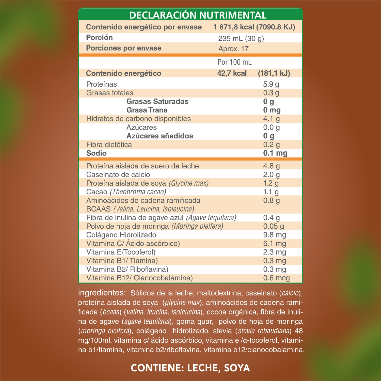 Nutrasien100 Malteada de proteína sabor Chocolate. Sin grasa Sin azúcar. 15 g proteína 500g 17 porciones. Nutramalteada