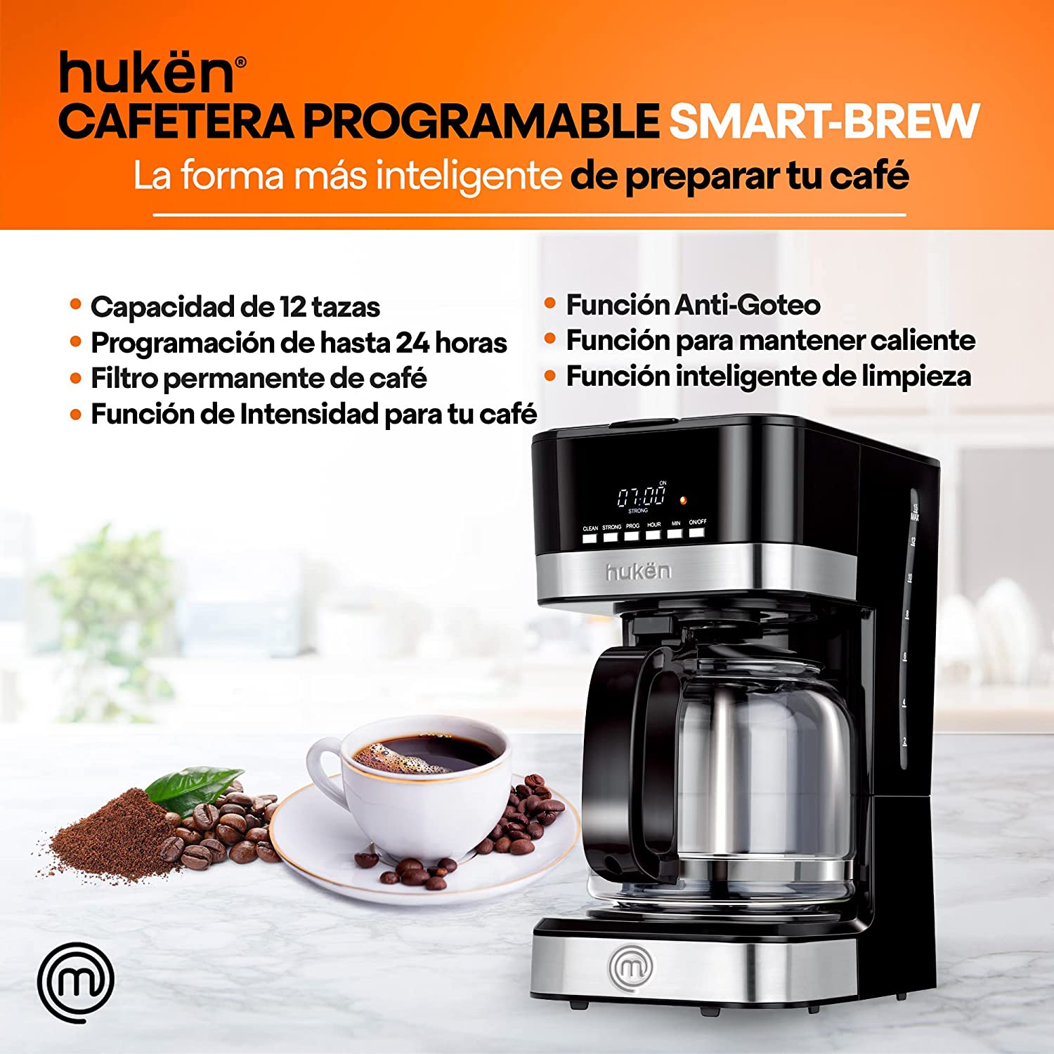 Masterchef by Hukën Cafetera inteligente 12 tazas Programable Pantalla digital 900 W Modelo MK-DCM-12P