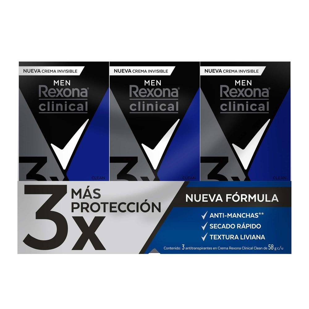 Antitranspirante En Crema Rexona Clinical Para Hombre, 58g c/u, 3 Piezas