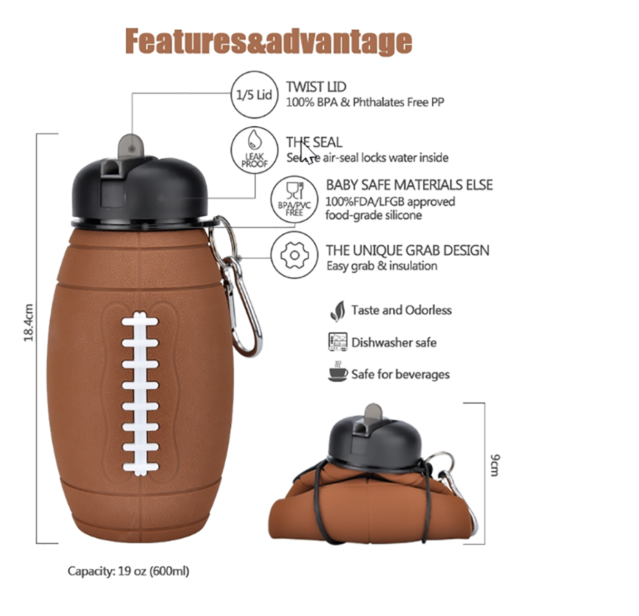 Botella Balon Plegable Para Agua, Botella Deporte Futbol Americano NFL, Portable y Reusable