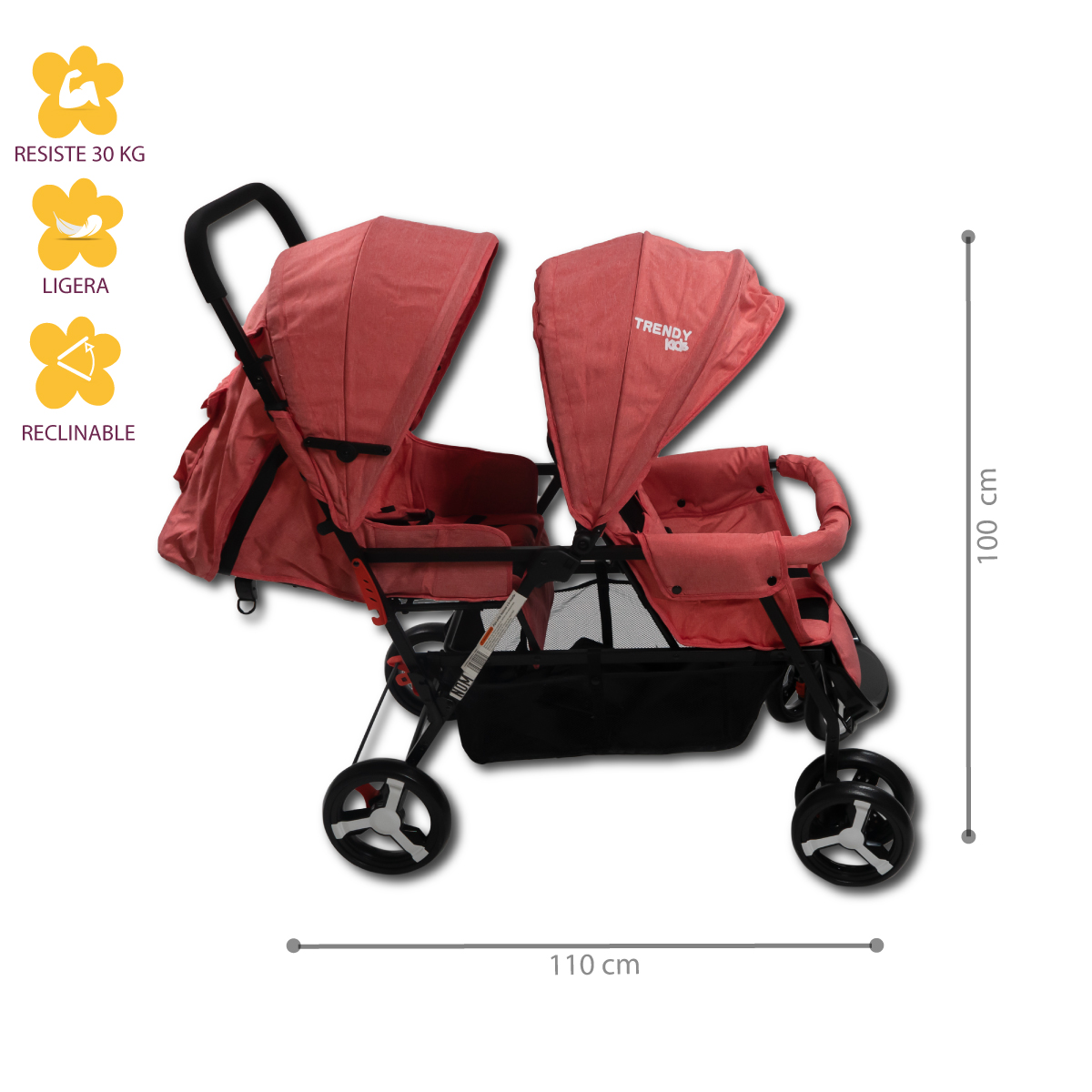 Carriola Para Bebé Doble Trendy Kids Twiny Reclinable Coral