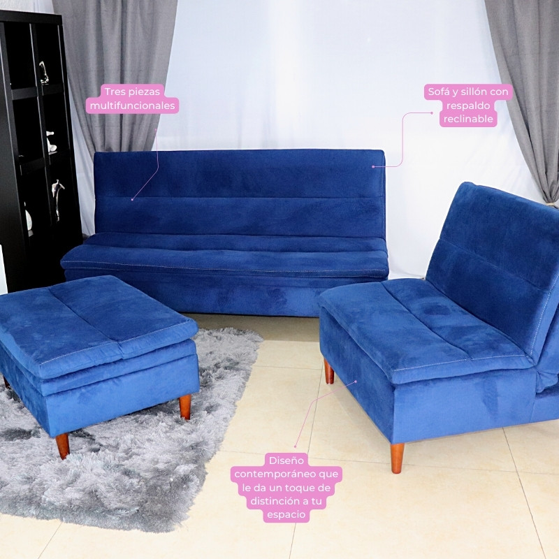 Sala Esquinera Terciopelo Azul Sofá cama Sillón Taburete Baúl Boston