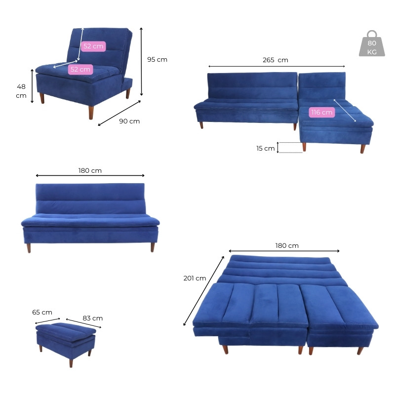 Sala Esquinera Terciopelo Azul Sofá cama Sillón Taburete Baúl Boston
