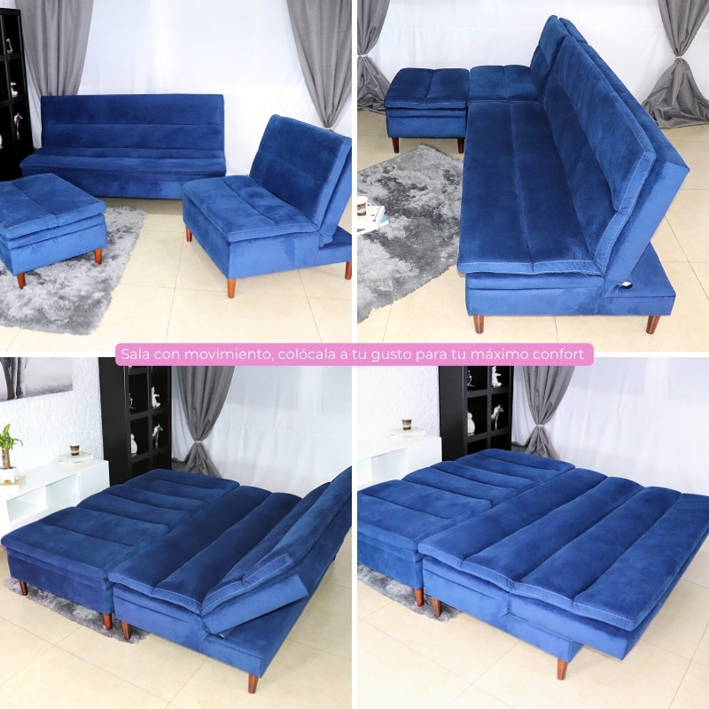 Sala Esquinera Terciopelo Azul Sofá cama Sillón Taburete Baúl Boston
