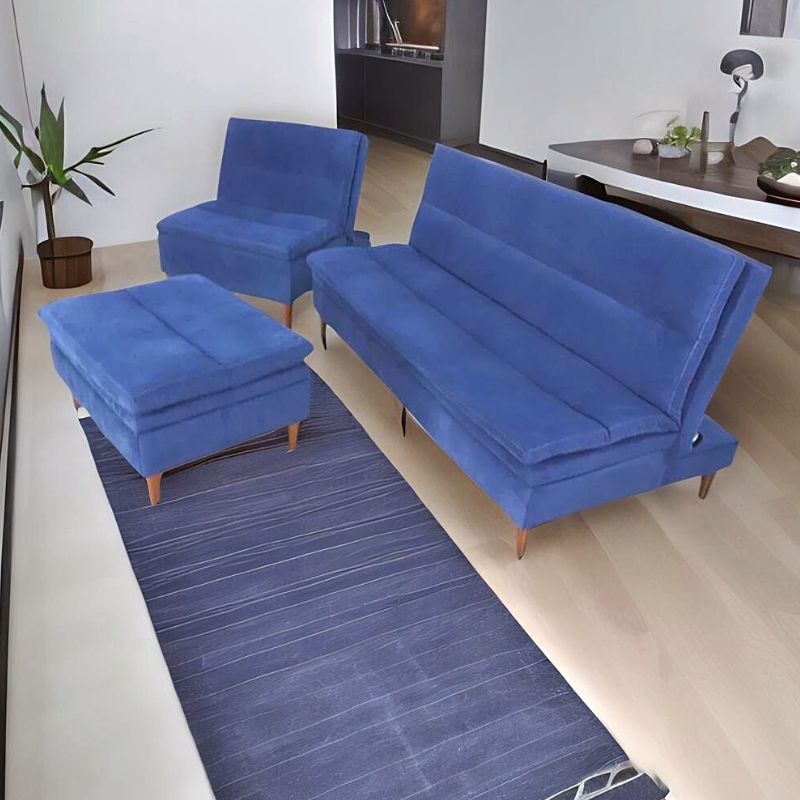 Sala Esquinera Terciopelo Azul Sofá cama Sillón Taburete Baúl Boston