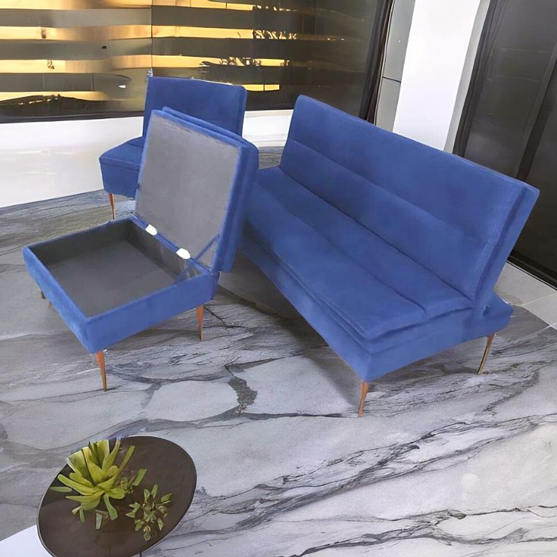 Sala Esquinera Terciopelo Azul Sofá cama Sillón Taburete Baúl Boston