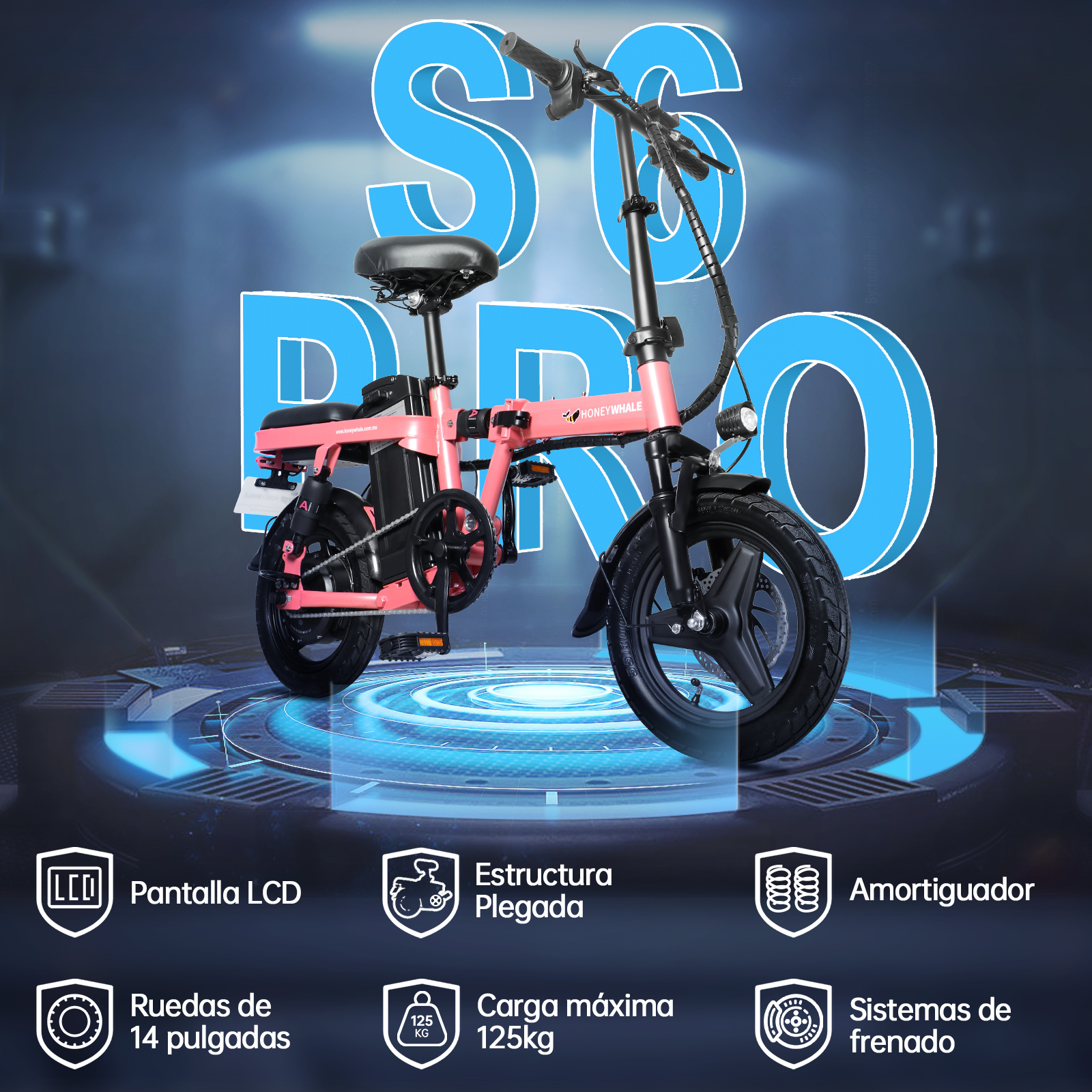 Bicicleta Eléctrica Plegable Honey Whale S6-S Pro Rosa