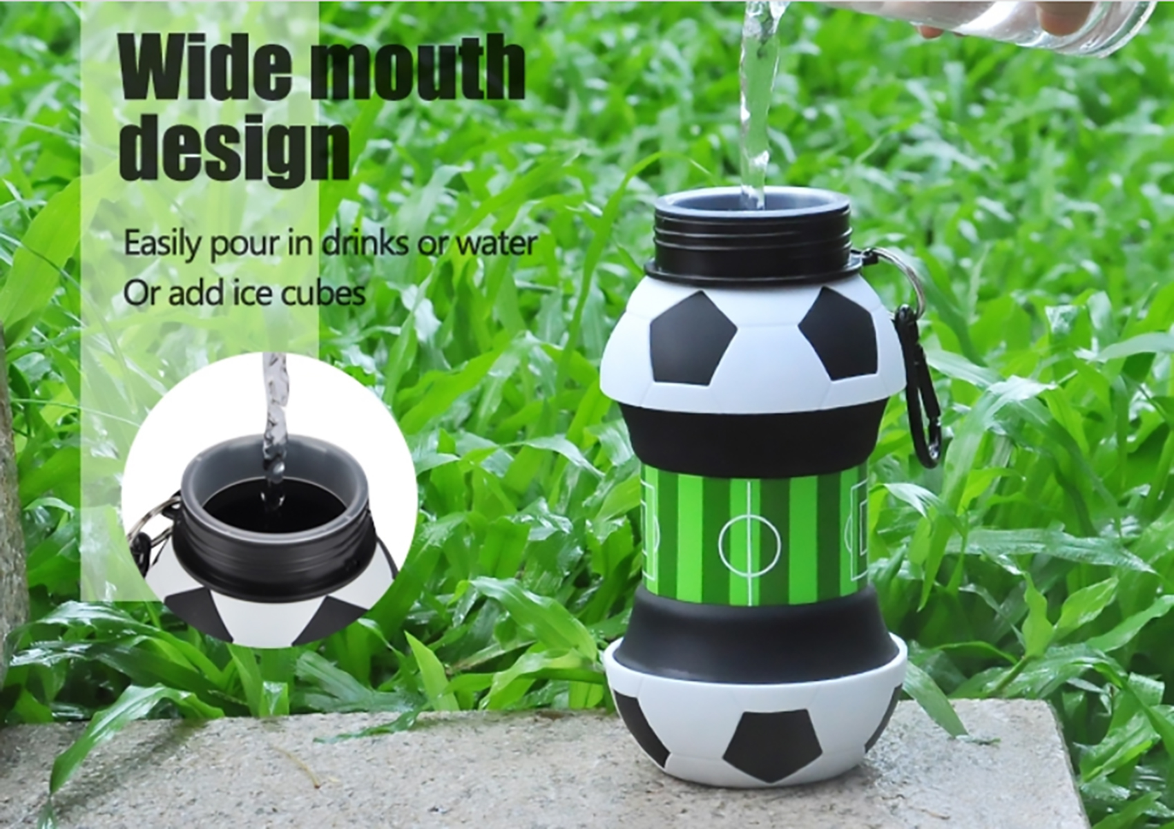 MADIOLA Botella de Agua Deportiva en forma de balón de Futbol Soccer. Botella plegable para Viaje. Termo para niños