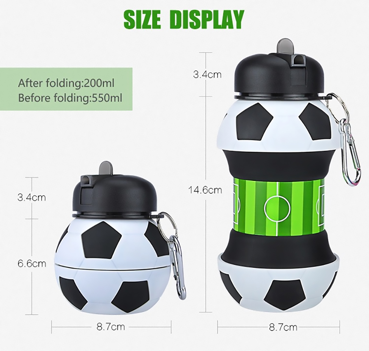 MADIOLA Botella de Agua Deportiva en forma de balón de Futbol Soccer. Botella plegable para Viaje. Termo para niños