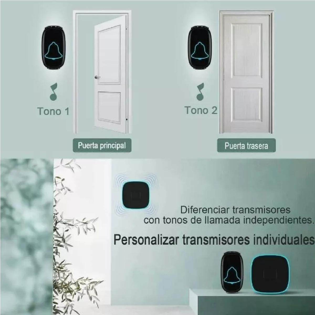 Timbre Inalámbrico Impermeable Con 1 Transmiso 2 Receptores