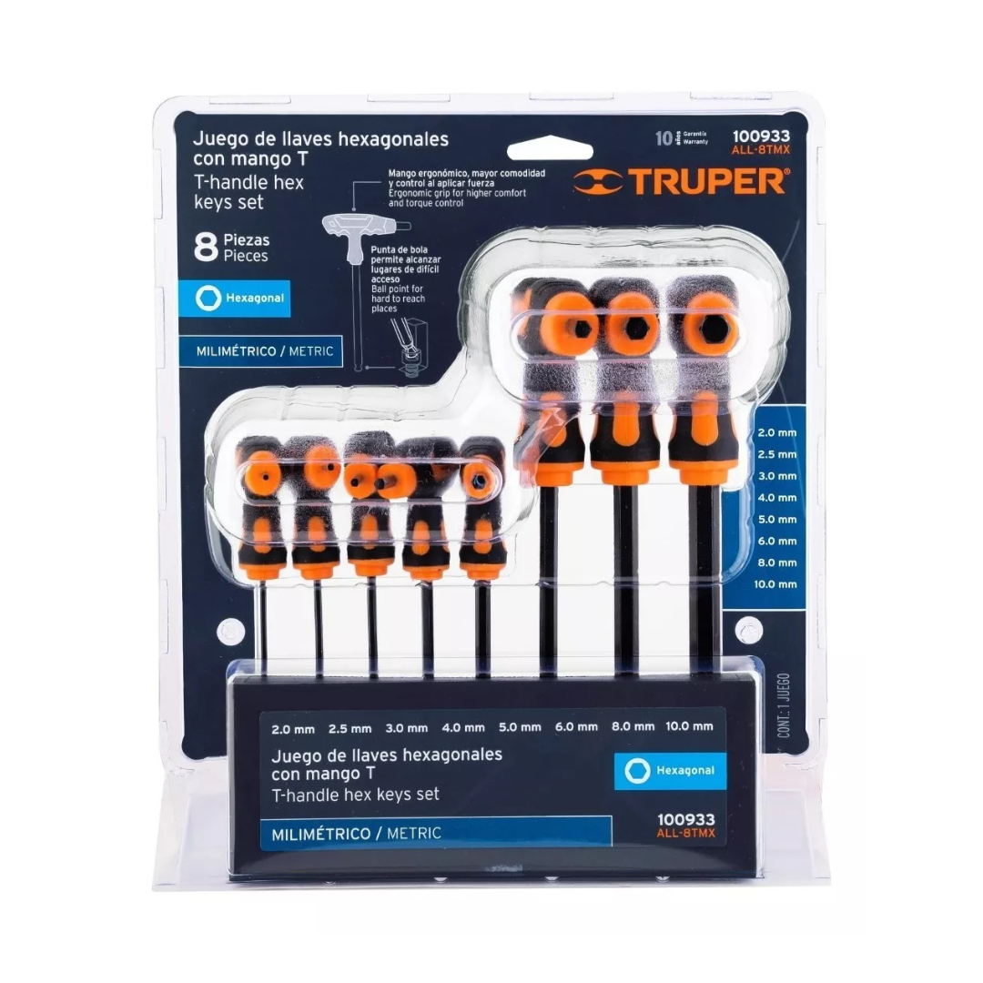 Juego 8 Llaves Allen Mm Extra Largas Mango T, Punta De Bola