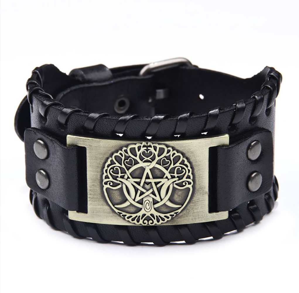 MADIOLA Pulsera de piel vikinga brazalete ajustable. Pulsera de cuero para hombre o mujer Yggradsil. Ngo/Bronze