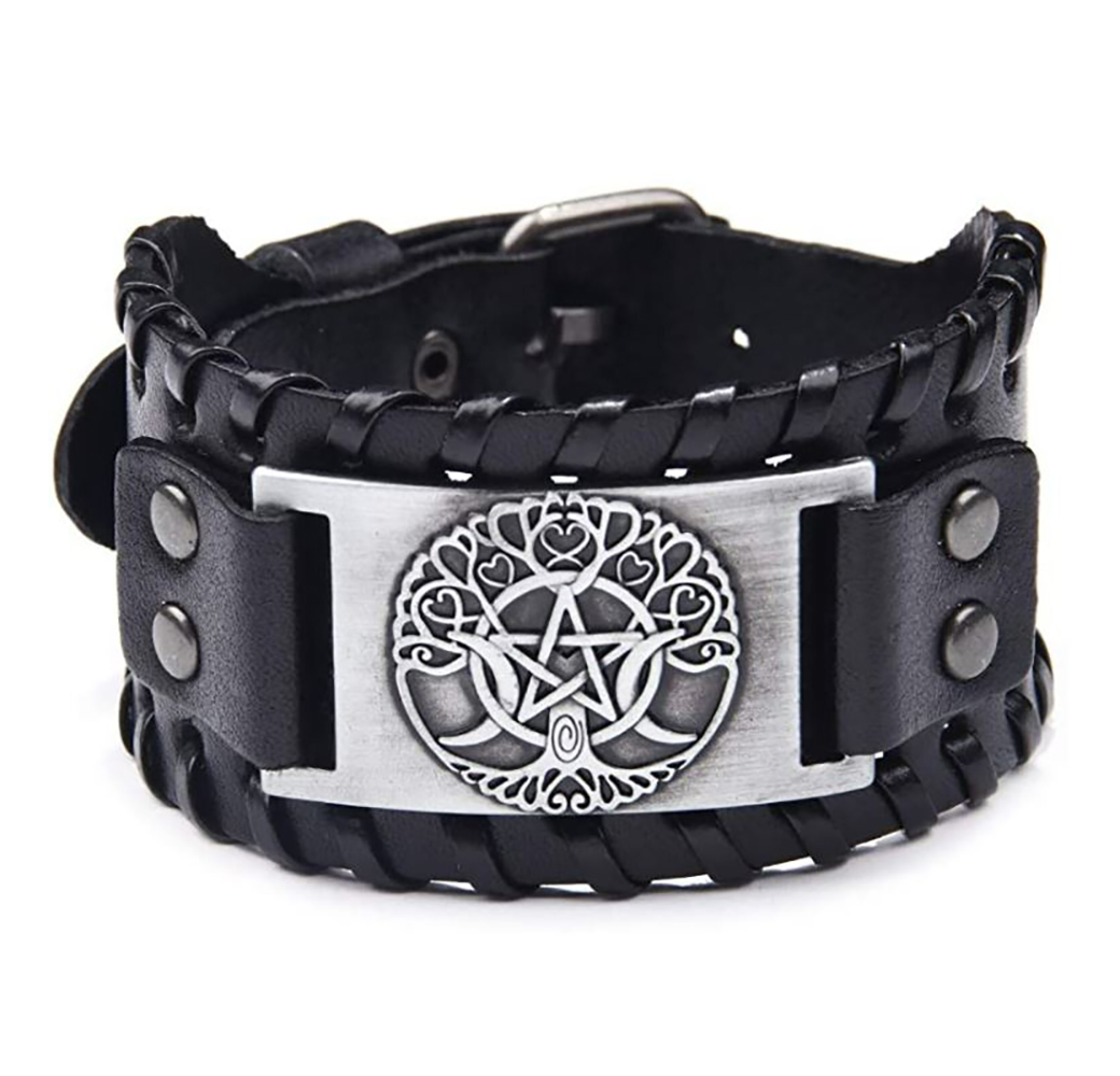 MADIOLA Pulsera de piel vikinga brazalete ajustable. Pulsera de cuero para hombre o mujer Yggradsil. Ngo/Bronze