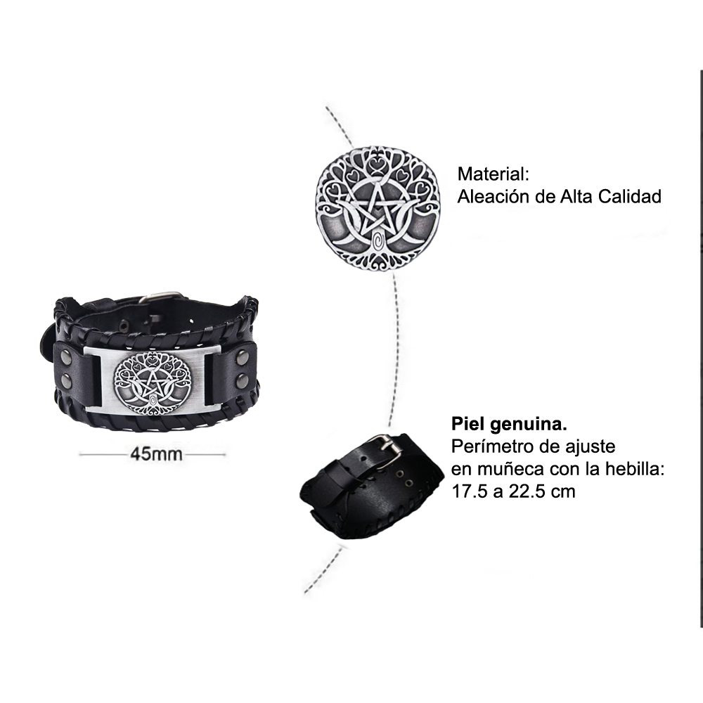 MADIOLA Pulsera de piel vikinga brazalete ajustable. Pulsera de cuero para hombre o mujer Yggradsil. Ngo/Bronze