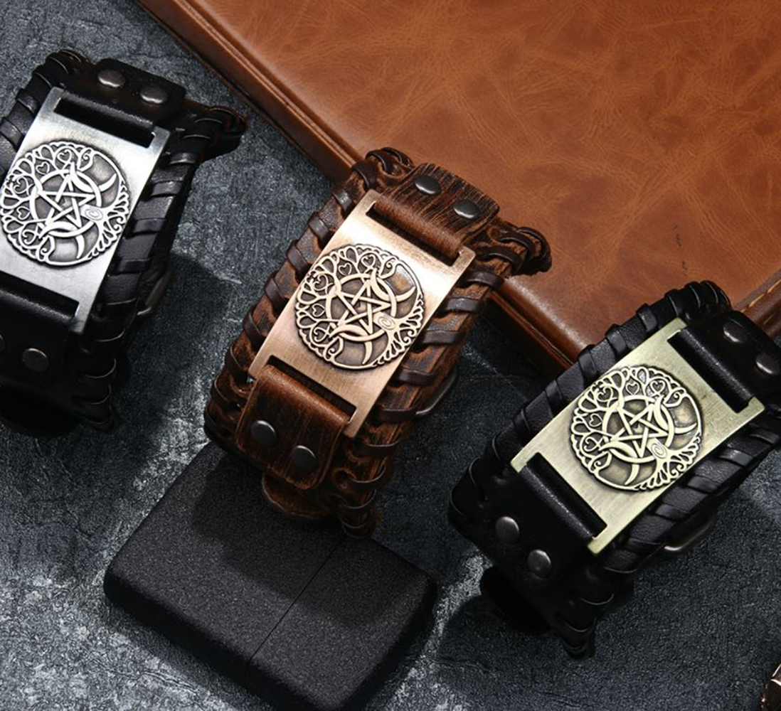MADIOLA Pulsera de piel vikinga brazalete ajustable. Pulsera de cuero para hombre o mujer Yggradsil. Ngo/Bronze