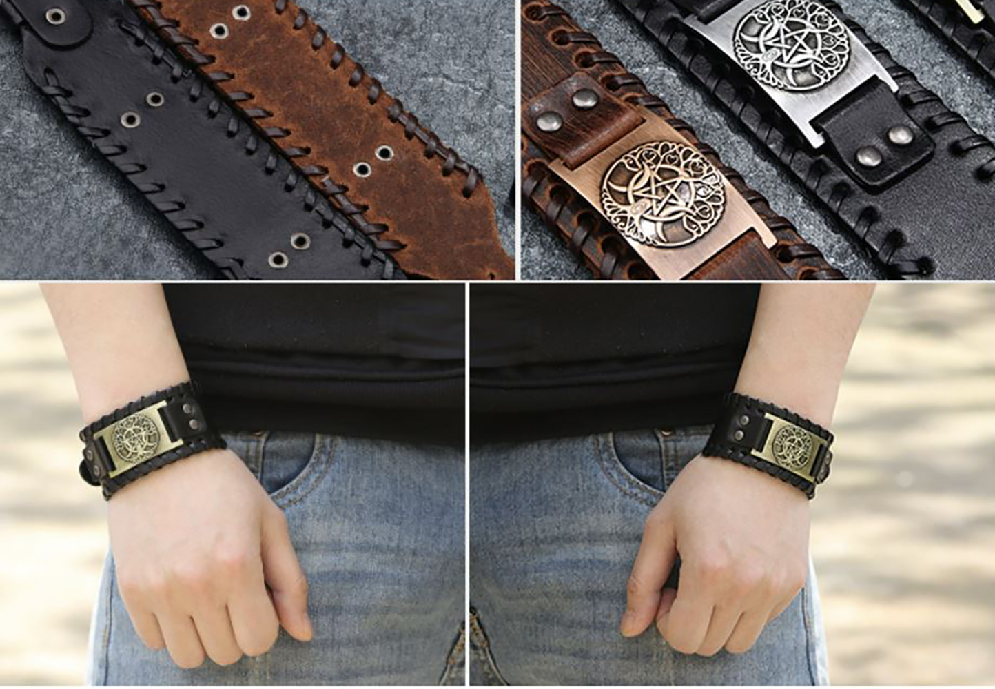MADIOLA Pulsera de piel vikinga brazalete ajustable. Pulsera de cuero para hombre o mujer Yggradsil. Ngo/Bronze