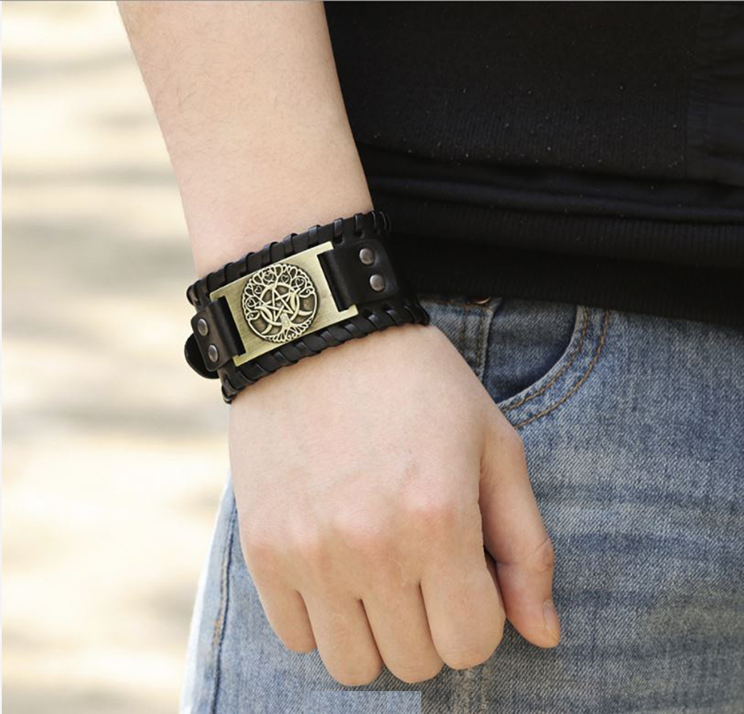 MADIOLA Pulsera de piel vikinga brazalete ajustable. Pulsera de cuero para hombre o mujer Yggradsil. Ngo/Bronze