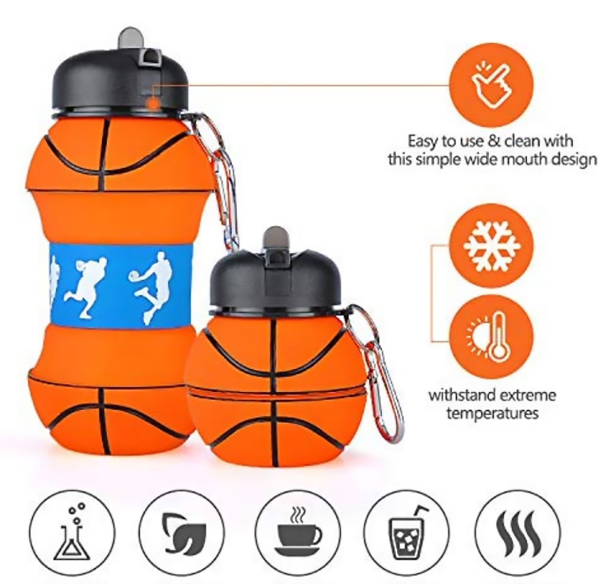 MADIOLA Botella de Agua Deportiva en forma de balón de Basquetbol. Botella plegable para Viaje. Termo para niños