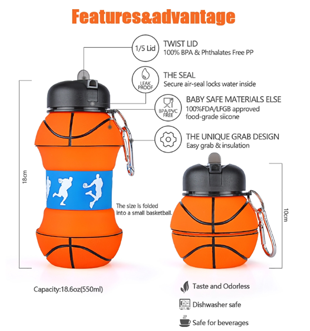 MADIOLA Botella de Agua Deportiva en forma de balón de Basquetbol. Botella plegable para Viaje. Termo para niños